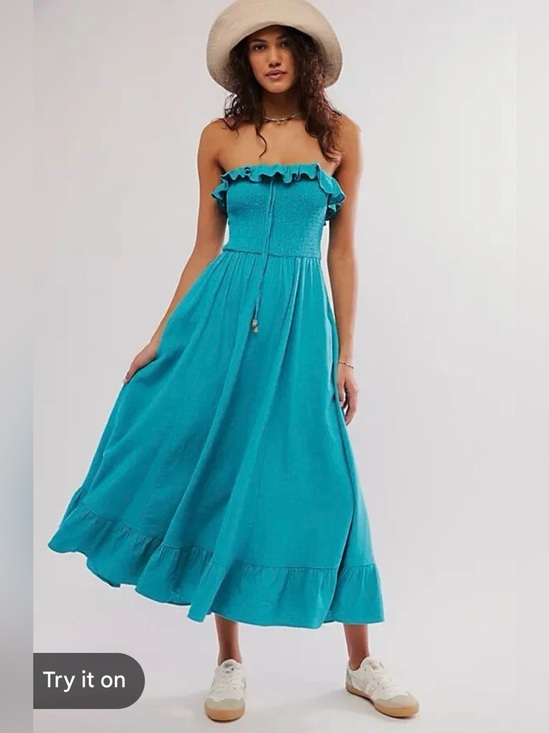 Free People Dresses & Skirts - Free People Lush Life Linen Blend Strapless Ruffle Smocked Maxi Dress - Teal